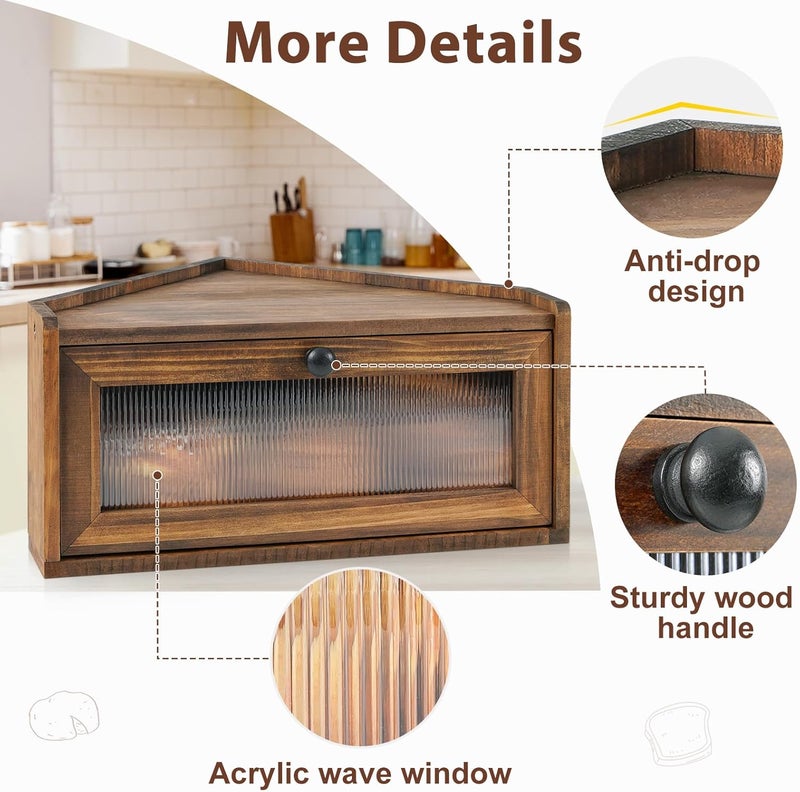 Sunhoo Bread Box for Kitchen Countertop Wooden Corner Breadbox Counter Food Storage Bin Container Farmhouse Rustic Homemade Bread Fresh Keeper Organizer Holder Vintage Stackable with Window (Brown) - Image 3